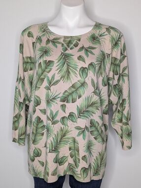 J Jill Cream Green Leaf Foliage 3/4 Sleeve Cotton Blend Sweater L